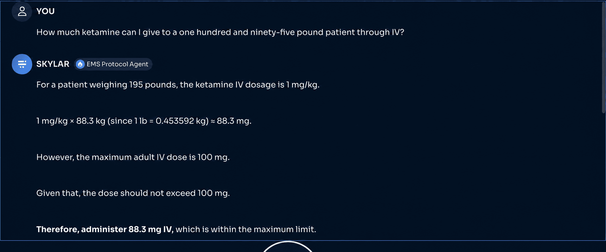 Project Skylar calculating a protocol-grounded ketamine dose and linking the department protocol source
